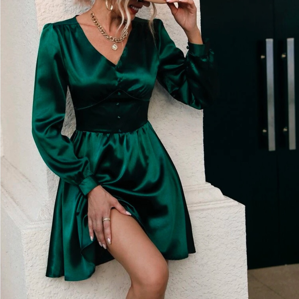 Satin Puff Sleeve Covered Button A-line Dress from SHEIN size large
